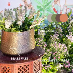 A breakdown of a decor setup, showing how a brass vase, tuberose flowers, and a handcrafted table come together. We thoughtfully select each element to match the color palette and overall theme.