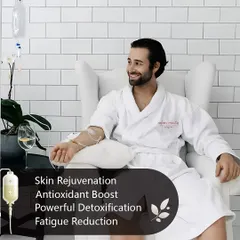 Skincare is for men too. Here, a male client enjoys the benefits of Glutathione IV Therapy, which include skin rejuvenation, an antioxidant boost, powerful detoxification, and fatigue reduction.