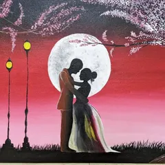 A romantic silhouette painting of a couple under the moonlight, surrounded by cherry blossoms. The vibrant red sky and warm glow of the lampposts create a dreamy and passionate atmosphere.