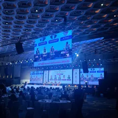 The AIBI Annual Convention in full swing at Jio World Convention Centre. Our production ensures that even in a large banquet-style seating arrangement, all attendees have a clear view of the stage and screen content through strategically placed displays.