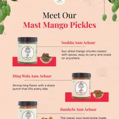 Meet our Mast Mango Pickles. We offer three distinct varieties: the classic Ramkela Aam, the sharp Hing Wala Aam, and the convenient Sookha Aam for snacking.
