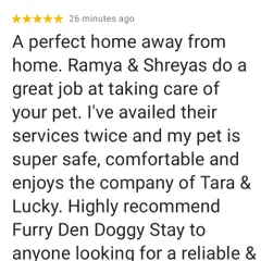 Thank you, Subramanya, for this wonderful review. We're so glad your pet feels comfortable and enjoys the company of our resident dogs, Tara and Lucky.