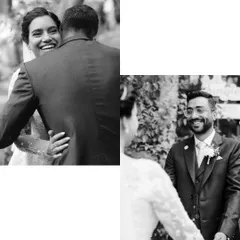 A collage showing the progression of a hug during the couple's first look. These in-between moments, full of smiles and happy tears, are just as important as the big events.