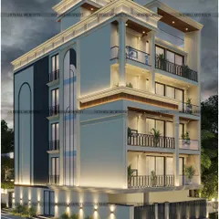 A classical facade design defined by symmetry and elegant detailing. We incorporated traditional arched window frames and decorative railings, using modern lighting techniques to highlight the cornices and vertical lines of the building at night.