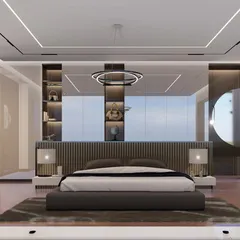 A 3D visualization of a master suite featuring an open-concept layout that seamlessly integrates the sleeping area with a luxurious, glass-enclosed bathroom.