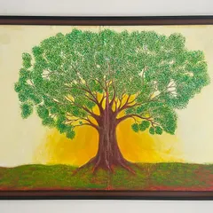 This 'Tree of Life' is the largest painting I've created so far, a special piece for our own living room wall. It took a couple of months to complete, with each leaf and branch carefully placed to create a sense of vibrant, enduring life.
