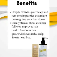 Here are the key benefits of my Charcoal Shampoo. It deeply cleanses the scalp to remove impurities, while the eucalyptus oil stimulates follicles to promote healthier hair growth and relieve itchiness.