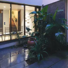 A small, intimate courtyard at the RT Nagar Residence, viewed from the interior at night. This "secret garden" brings a touch of nature and tranquility right into the heart of the home, creating a beautiful focal point.