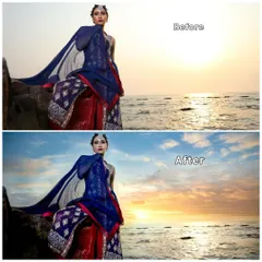 Before and after: The original sunset was washed out, so I replaced the sky and enhanced the colors on the model's outfit to create a dramatic and breathtaking final image.