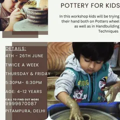 Another poster from a past summer workshop, showing kids fully engaged in both wheel work and hand-building. These sessions are designed for children aged 4-12.