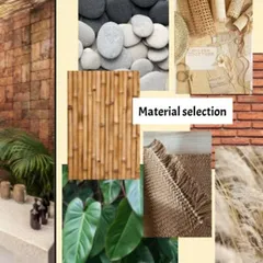 A material selection board for an upcoming garden project. We are combining natural textures like bamboo, brick, jute, and pebbles to create a warm, organic, and earthy feel.