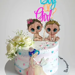 An elegant baby shower cake with a "Boy or Girl?" theme. This cake features a hand-painted pregnant mother and is adorned with fresh flowers for a delicate touch.