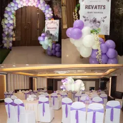 The decor for Revati's baby shower. This collage shows the purple and white balloon arch at the entrance, the welcome sign, and the elegant table setup for guests.