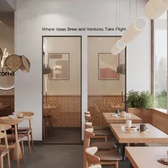 We designed the space to be inspiring, with the quote "Where Ideas Brew and Ventures Take Flight" integrated into the wall design. The mix of booth seating and individual tables caters to both groups and individuals working on their laptops.
