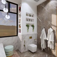 Natural light floods this master washroom, a vital element for dispelling negativity and promoting health. The design incorporates built-in shelving for organized, clutter-free storage, ensuring the space remains serene and functional.
