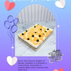 A perfect Father's Day treat, this Mango Raspberry and Blueberry Tres Leche cake is a tropical delight. It's a light and creamy milk cake topped with fresh, juicy fruit, available in multiple sizes.