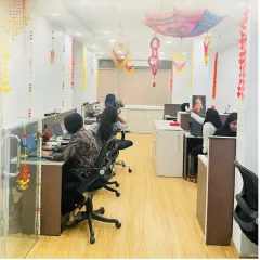 A festive atmosphere at work! This image shows how our traditional hanging decorations and garlands transformed this office space for Diwali, bringing joy to the employees.