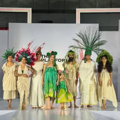 Our models on the runway, showcasing avant-garde hairpieces made from natural and sustainable materials. This was a celebration of our new, greener vision for Mad O Wot.