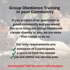 Good news for apartment and gated communities. If you can gather a minimum of 5 participants and have a suitable space, I can bring my Group Obedience classes directly to you.