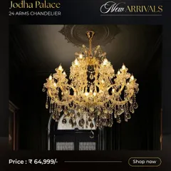 This 24-Arms Jodha Palace Chandelier is a perfect example of the collection's grandeur. The multi-tiered design and abundance of crystals create a dazzling display of light and luxury.