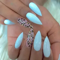 A stylish combination of baby blue and leopard print. These stiletto nails feature a glossy blue polish with two accent nails showcasing a classic leopard print with gold foil details.