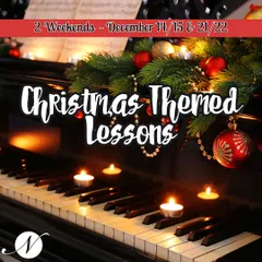 Getting into the holiday spirit with our Christmas-themed piano lessons. This poster announces our exclusive workshops covering classic carols, hymns, and modern holiday hits over two weekends in December.