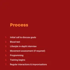 This is my process for taking on new clients. It starts with an initial call to discuss goals and includes everything from a lifestyle interview to customized programming and regular follow-ups. I'm here to guide you and make you independent.