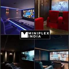 A collage of four different completed projects, showcasing a variety of styles from cool blue LEDs to classic red recliners, and from sunken lounges to cozy sofa setups.