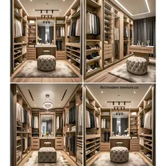 A gorgeous walk-in closet design that is pure luxury. With floor-to-ceiling storage, a central ottoman, and beautiful lighting, it’s the perfect space to organize and display your wardrobe.