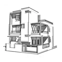 A final perspective sketch in the conceptual series for the Mysore bungalow. This view solidifies the primary design direction, showing how different volumes interlock to create private and open spaces within the compact urban plot.