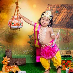 Capturing the playful spirit of little Krishna. This toddler is having a great time reaching for the pot of butter in a beautifully detailed set that brings the classic story to life.