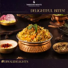 Delightful bites for Diwali. This bowl of aromatic vegetable biryani, served in a traditional copper pot, is a perfect example of how we present classic Indian dishes with elegance and flair.
