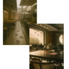 This collage captures the mood of our Jalandhar cafe project. We combined indoor and outdoor seating, using natural materials and a muted color palette to create a seamless flow and a tranquil, earthy environment.