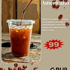 A promotional graphic for my Iced Americano. It highlights the simple, refreshing ingredients of ice, espresso, and water, available at an affordable price.