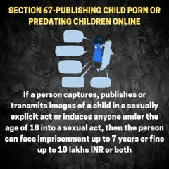 This post covers Section 67 of the IT Act, which deals with one of the most serious cybercrimes. Publishing or transmitting sexually explicit material involving children can result in imprisonment for up to 7 years and a fine of up to 10 lakhs.