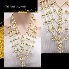 Complete your beautiful look with my layered pearls Kundan rani haar. This long necklace features multiple strands of pearls and Kundan motifs, giving you an overall gorgeous appearance.