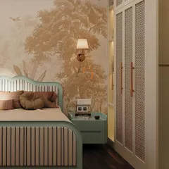 A close-up of a bed with a muted aqua frame, set against a beautiful Toile de Jouy style wallpaper, showcasing a blend of classic and contemporary.