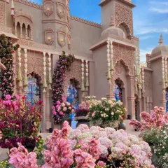 Here, I built a magnificent palace facade adorned with thousands of fresh flowers. The combination of intricate architecture and lush floral arrangements in shades of pink creates a stunning visual for a royal-themed wedding.