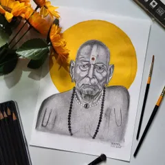 A detailed graphite portrait of Shree Swami Samarth. The touch of gold paint for the halo adds a divine glow. This piece is a reminder that just chanting his name brings immense peace.