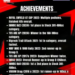 Coach Pradeep's achievements speak for themselves, with wins and podiums in circuit racing, rally, and drag. This diverse experience makes him an incredibly knowledgeable and effective mentor.