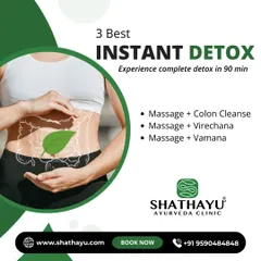 We offer several instant detox therapies that can be completed in just 90 minutes. These programs combine a therapeutic massage with a targeted cleanse like Colon Cleanse, Virechana, or Vamana for quick and effective results.