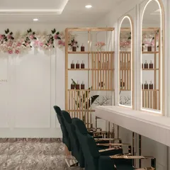 A close-up of a styling station concept. I combined classic wall molding with modern, illuminated arched mirrors and natural wood shelving to create a look that is both timeless and fresh.