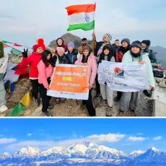 Summit success on the Sandakphu-Phalut trek. The top image shows our triumphant group, while the bottom shows the reward: an unparalleled view of the Kanchenjunga range.