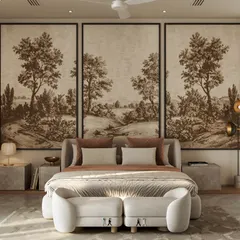 This bedroom achieves a grand yet serene feel with a triptych of landscape wallpaper panels behind the bed. The neutral palette of beige, cream, and earth tones creates a timeless backdrop that is both sophisticated and calming.