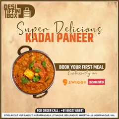My Kadhai Paneer is super delicious, cooked with chunks of paneer, bell peppers, and onions in a spicy tomato-based gravy. You can order this flavourful dish directly or find me on Swiggy and Zomato.