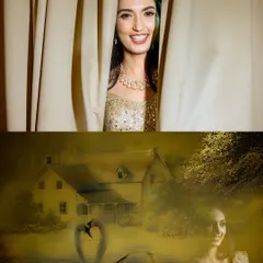 A creative and dreamy collage featuring the bride. The bottom image is a beautiful double exposure, blending her portrait with a romantic scene of swans on a lake.
