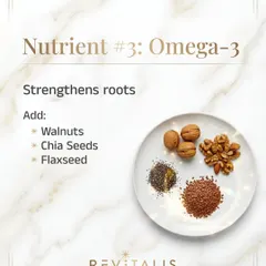 Nutrient number three is Omega-3 fatty acids. These healthy fats are crucial for nourishing the scalp and strengthening hair roots. Walnuts, chia seeds, and flaxseeds are excellent vegetarian sources to add to your diet.