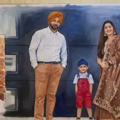 A full-length family oil portrait for a client in Canada. Capturing the dynamic of the family, from the parents' proud stance to the child's playful energy, was the goal here.