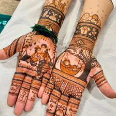 I also offer special mehandi for baby showers (godh bharai). This custom design includes cute motifs like a mother holding her baby, a baby in a cradle, and "Mom to be" text, making the celebration even more memorable.