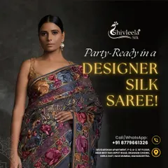Get party-ready in this designer silk saree featuring a bold, multi-coloured floral print on a dark base. It’s a contemporary piece that makes a statement while retaining the grace of a traditional drape.